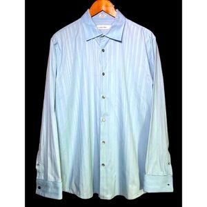 Calvin Klein Men Button Up Shirt Teal Striped Long Sleeve 100% Cotton Size‎ L